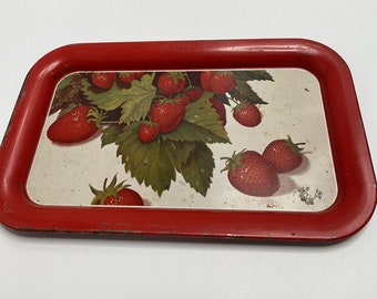 Vintage Strawberry Serving Tray Red and Green - Metal Sandwich Tray | Cottage Core