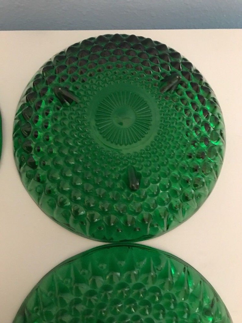 Four Green Glass Footed Dishes Bowls Teardrop Embossed Scalloped Edge Christmas Tablesetting Christmas Entertaining