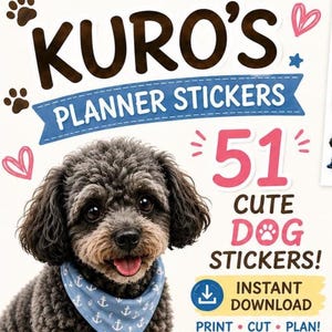 以下が含まれることがあります： アンカー柄の青いバンダナを巻いた巻き毛のグレーの犬が描かれたKuro's Planner Stickersのデジタルシート。テキストにはKuro's Planner Stickers、51 Cute Dog Stickers、Instant Download、Print, Cut, Plan、足跡のイラストが含まれています。
