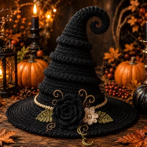May include: A black crocheted witch hat with a tall, curled point. The hat features a decorative band adorned with a large black crocheted rose, a smaller beige flower with a central pearl, two green crocheted leaves, and gold-colored wire swirls.