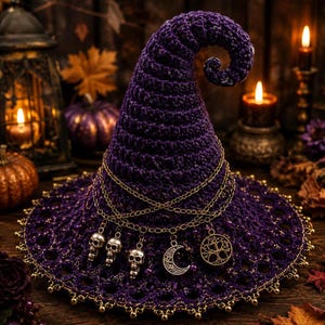 May include: A deep purple crocheted pointed hat featuring a curved tip and a wide brim. The hat is adorned with multiple gold-toned chains draped around the base, featuring dangling silver-colored skull charms, a crescent moon, and a tree emblem.