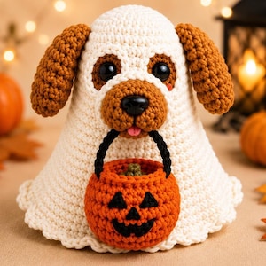 May include: A crochet dog figure dressed as a ghost, featuring a white body, brown ears, and a brown muzzle with black eyes and a nose. The dog holds a small, round, orange crochet pumpkin bucket with a black jack-o'-lantern face and handle.