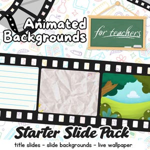 May include: A digital collection of animated backgrounds featuring a film strip frame containing a lined paper slide, a crumpled paper texture, and a green landscape illustration. The text reads Animated Backgrounds for teachers Starter Slide Pack.