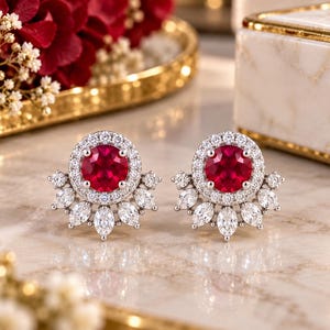 Pode incluir: Um par de brincos com uma pedra central redonda de cor vermelho-profundo rodeada por um halo de pequenas pedras redondas transparentes. Abaixo do halo, um arranjo em leque de cinco pedras transparentes de corte marquise estende-se.