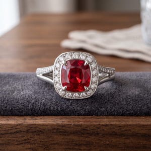 May include: A silver-coloured ring featuring a large, cushion-cut, deep red gemstone at its centre. The central stone is surrounded by a halo of small, round, clear white stones. The band is split and also set with small, clear white stones.