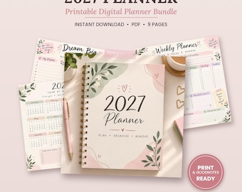 May include: A 2027 spiral-bound planner bundle featuring floral illustrations and soft pink and green accents. The cover displays the text 2027 Planner, Plan, Organize, Achieve. Includes printable pages for weekly planning, yearly calendars, and goal tracking.