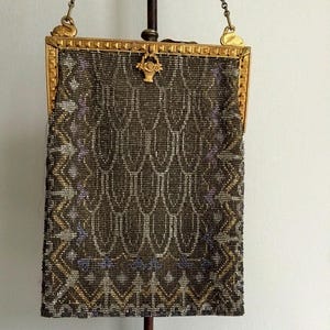 Vintage Beaded Purse Handbag with Silver and Gold Micro Beads Gold Chain and Clasp