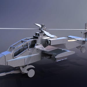 May include: A silver-colored model attack helicopter featuring a sharp, angular fuselage, a transparent cockpit canopy, a main rotor with four blades, a tail rotor, and landing gear. The aircraft design includes side-mounted wings and a nose-mounted cannon.