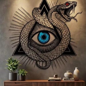 May include: A large wall art piece featuring a black line-art snake coiled around a central triangle containing a detailed blue eye with a red-eyed snake head at the top. The design includes radiating lines and is mounted on a gray wall.