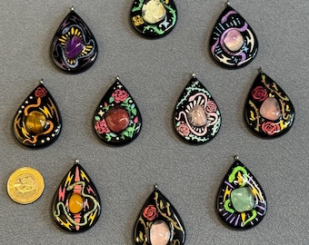 Hand-Painted Clay Teardrop Pendant, Natural Crystal, Ancient-Inspired Symbolism, Customisable Necklace or Charm, Roses & Serpents