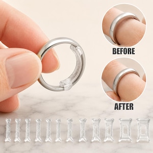 May include: A set of clear, flexible ring size adjusters in various shapes and widths. The image shows a silver ring with a transparent adjuster attached to the inner band, labeled BEFORE and AFTER to demonstrate the fit adjustment.