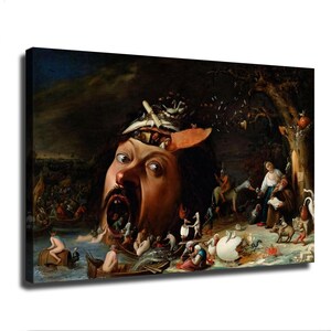 May include: A rectangular canvas print featuring a dark, surreal oil painting. A giant human head with an open mouth serves as a vessel for small figures. The scene includes various mythical creatures, a large egg, and a tree in a gloomy landscape.