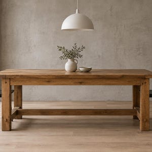 May include: A rectangular wooden dining table with a natural grain finish, featuring four sturdy legs and a horizontal support beam. Two black spindle-back chairs are positioned on either side of the table, which holds a white vase with greenery.