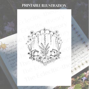 Peut inclure: Une illustration imprimable en noir et blanc représentant une scène botanique centrale avec deux petites créatures ressemblant à des crapauds parmi des plantes, des fleurs et des vignes suspendues, encadrées par une arche ornée.