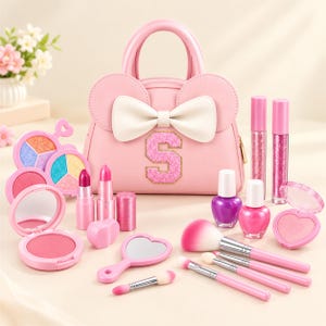 Kids Washable Makeup Set with Compact Case, 18-Piece Pretend Salon Kit for Girls