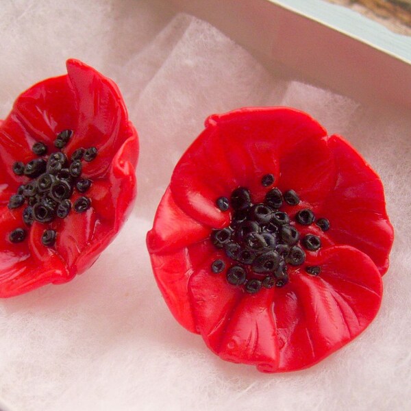 Scarlet Poppy Earrings - Hand Sculpted Polymer Clay on Surgical Steel Posts 1" (Made to Order)
