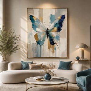 Op de afbeelding: Een groot rechthoekig wandkunstwerk met een abstract vlinderschilderij met gedurfde penseelstreken in tinten diepblauw, lichtblauw, wit en metallic goud, omlijst door een dunne gouden rand die aan een neutrale muur hangt.