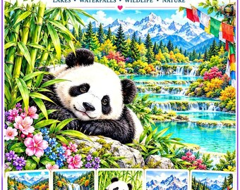 Livro de colorir por números para adultos e crianças, 49 páginas para imprimir, natureza, vida selvagem e cachoeiras em PDF, download digital relaxante em formato A4.