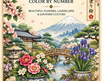 Japanese Flowers Color By Number, 50 Printable Pages, Cherry Blossom Fuji Temple Art, Adult Relaxing Coloring Book, Instant PDF Download