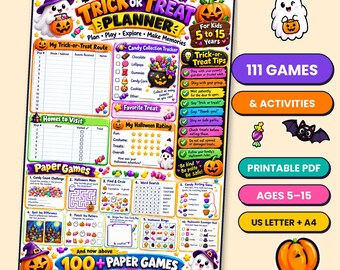 Planejador de Doces ou Travessuras para Imprimir, Mais de 100 Jogos de Papel de Halloween para Crianças de 5 a 15 Anos, Rastreador de Doces, Labirintos, Quebra-cabeças, Desenhos para Colorir, PDF Instantâneo