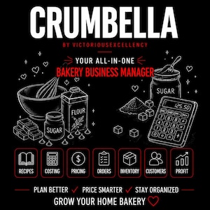 May include: A black graphic design featuring the white text CRUMBELLA BY VICTORIOUSEXCELLENCY and YOUR ALL-IN-ONE BAKERY BUSINESS MANAGER. Illustrations include a mixing bowl, whisk, flour, sugar, and calculator. Seven red-bordered icons represent recipes, costing, pricing, orders, inventory, customers, and profit.