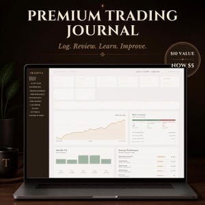 May include: A laptop screen displaying the Tradeva Premium Trading Journal interface with a dark sidebar, financial line graphs, bar charts, and performance metrics. The text reads Premium Trading Journal, Log. Review. Learn. Improve.