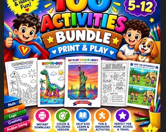 100 Activities Bundle for Kids Ages 5-12 | Print & Play Puzzles, Mazes, Crosswords (PDF)