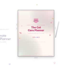 Könnte beinhalten: Ein digitaler Katzenpflegeplaner mit einem hellrosa Farbverlauf-Cover, einem rosa Katzengesicht-Symbol, dem Text "Purr-fectly Organized The Cat Care Planner" und kleinen dekorativen Symbolen wie Herzen, Pfotenabdrücken und Fischen.