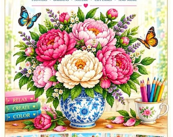 Color by Number for Adults, 50 Floral Garden Scenes (PDF Download)