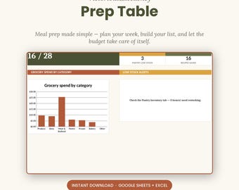 Meal Prep Planner Spreadsheet | Weekly Grocery List & Budget Tracker (Digital Download)