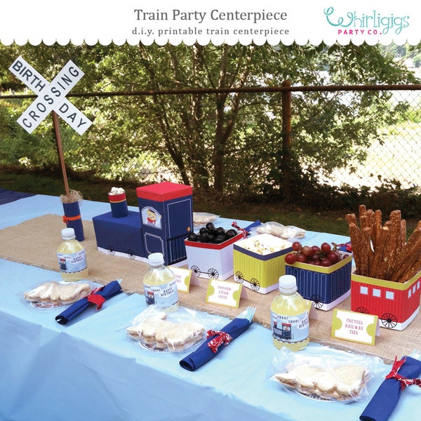 Pièce maîtresse de la fête d’anniversaire de train: Un bricolage imprimable pour votre train ou votre fête de transport |   Centre de table de train imprimable