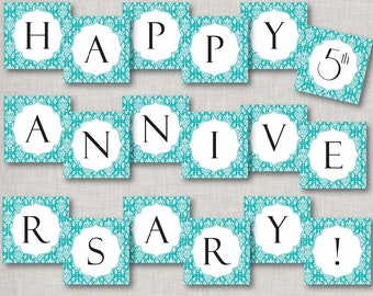 5th Anniversary Instant Download Banner - Turquoise Anniversary banner - printable PDF