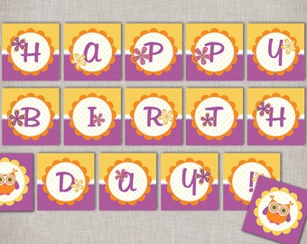 Owl Birthday Banner - Instant Download Happy Birthday in orange and purple - printable PDF documents