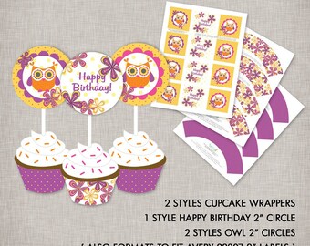Instant Download Owl Cupcake Toppers and Cupcake Wrappers - printable PDF documents