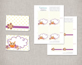 Owl Party Tent Cards - PRINTABLE PDF FILES - Owl Baby Shower Placards Name Cards Tent Cards or Food Labels - Print out and write on
