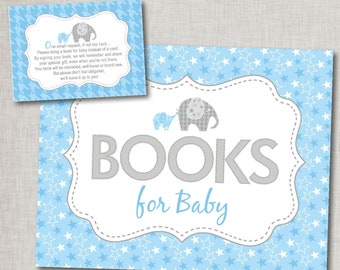 Book Request Cards and Sign  |  Blue and Gray Elephant Baby Shower  |  Books for Baby Sign |  Books for Baby Insert Card  | INSTANT DOWNLOAD