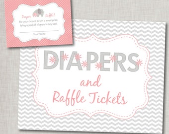 Diaper Raffle Printables for Pink Elephant Baby Shower |  Diaper Raffle Cards & Diaper Raffle Sign  |  Pink Gray Chevron Baby Shower Raffle