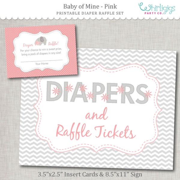 Diaper Raffle Printables for Pink Elephant Baby Shower |  Diaper Raffle Cards & Diaper Raffle Sign  |  Pink Gray Chevron Baby Shower Raffle