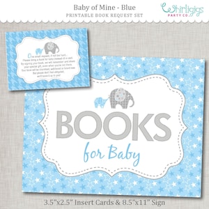 Boekaanvraagkaarten en handtekening | Blauwe en grijze olifant babyshower | Boeken voor babyteken | Boeken voor baby insteekkaart | DIRECTE DOWNLOAD