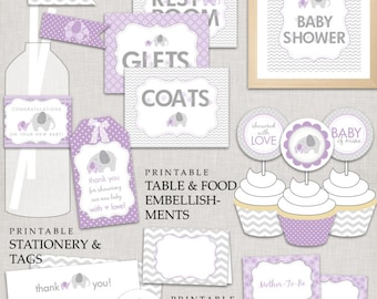 Purple Elephant Baby Shower / Lavender and Silver Grey / Girl Baby Shower / Instant Download DIY Printable PDF Party
