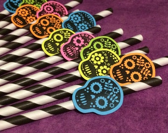 12 Day of the Dead Party Straws -Sugar Skull Straws for Día de los Muertos or Halloween Events - Embellished Paper Drinking Straws