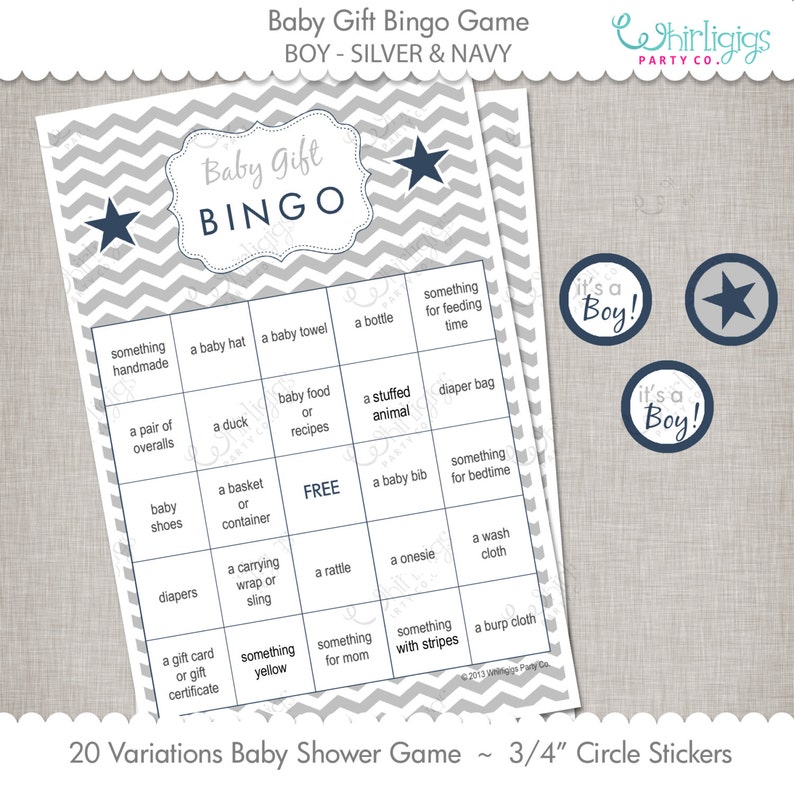 Silver /& Navy Blue Gift Bingo Game Chevron Baby Shower INSTANT DOWNLOAD