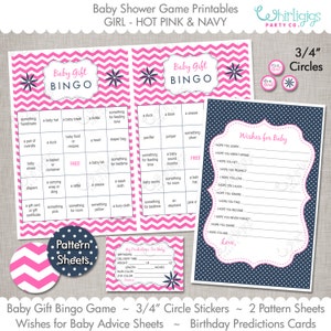 Baby Shower Game Set Girl Gift Bingo Wishes for Baby Advice Cards Predictions for Baby Game Hot Pink and Navy image 1
