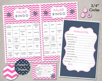 Baby Shower Game Set | Girl Gift Bingo | Wishes for Baby Advice Cards | Predictions for Baby Game | Hot Pink and Navy