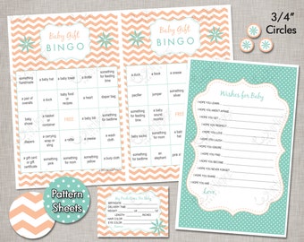 Peach and Mint Baby Shower Games | An INSTANT DOWNLOAD Set of Printables | Baby Gift Bingo, Predictions, Wishes for Baby, Matching Papers