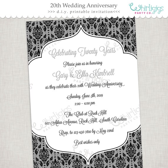 20th anniversary invitation grey damask anniversary party