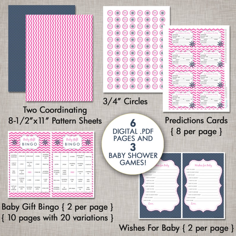 Baby Shower Game Set Girl Gift Bingo Wishes for Baby Advice Cards Predictions for Baby Game Hot Pink and Navy image 2