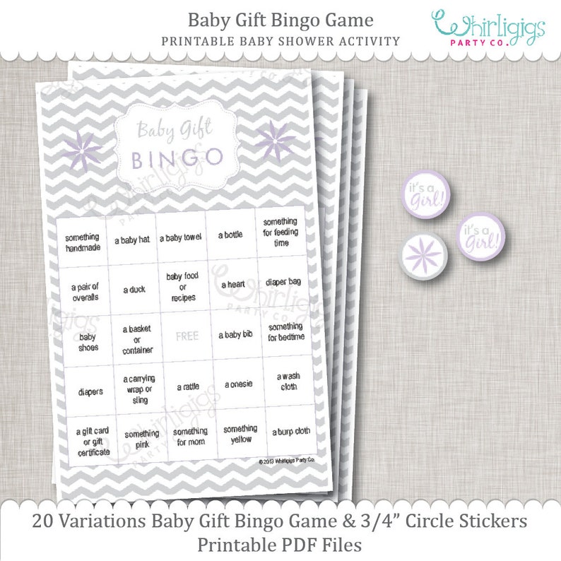 Chevron Baby Shower Purple & Silver Gift Bingo Game INSTANT DOWNLOAD image 1
