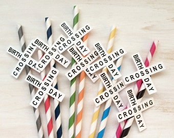 20 Train Birthday Party Straws - Striped Straws with Railroad Crossing OR Birthday Crossing embellishment