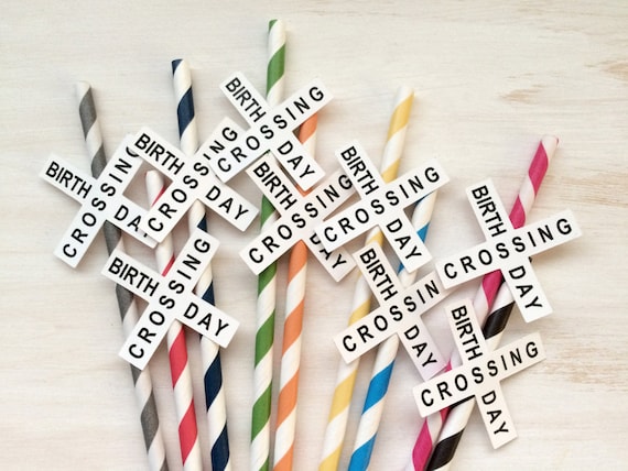 Train Birthday Party Straws - 20 Striped Straws with Railroad Crossing OR Birthday Crossing Embellishment